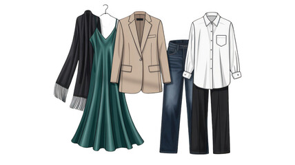 Fashion illustration featuring a blazer, a shawl, a dress, jeans, a shirt and trousers hanging and laying on a transparent background, perfect for fashion designers and stylists