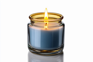 Beautiful blue candle with a warm flame in a glass jar