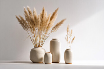 Elegant ceramic vases with dried pampas grass in minimal decor