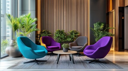 Generative AI lounge interior with turquoise and purple armchairs, wooden walls, and laminated flooring. 