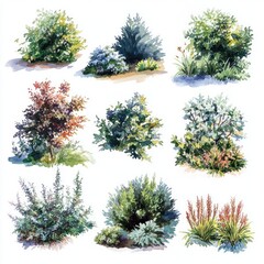 Fototapeta premium A Watercolor Collection of Diverse Green Shrubs and Trees