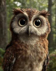 Owl with wide eyes startled by a loud sound, captured in surprise