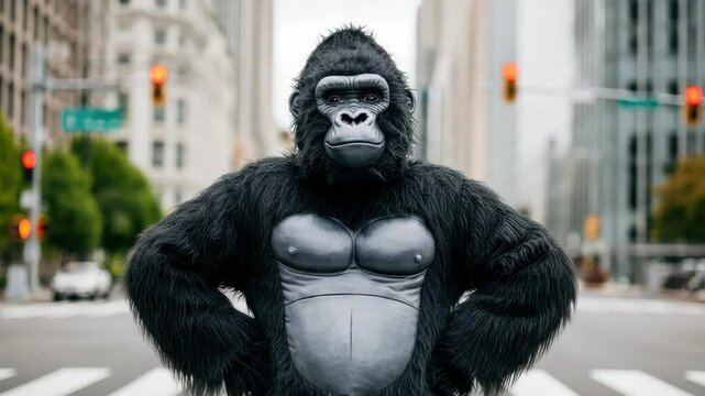 Person in gorilla costume stands confidently city street