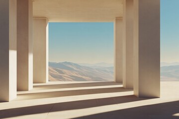 Fototapeta premium Architectural frame to scenic landscape: Columns framing desert view under blue sky, casting stark shadows, merging indoor/outdoor aesthetics.
