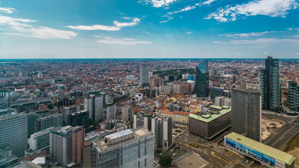 Milan aerial view of modern towers and skyscrapers and the Garibaldi railway station in the business district timelapse