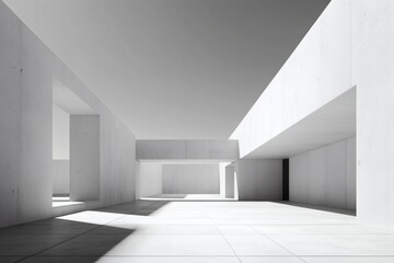 A minimalist interior featuring geometric forms and stark white concrete. The space is illuminated by natural light, creating sharp shadows.