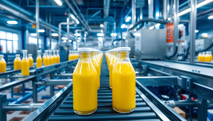 Glowing blue conveyor belt with juice-filled bottles moving smoothly through a modern beverage factory production line., isometry. isolated with white highlights