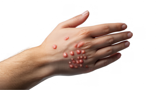Open hand with visible symptoms of monkeypox infection isolated on transparent background, providing a clear view for medical and educational purposes
