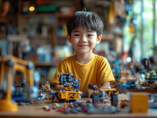 Smiling child playing with construction toys.  A young boy, happily engrossed in building detailed toy vehicles and construction equipment, creating complex structures with colorful blocks