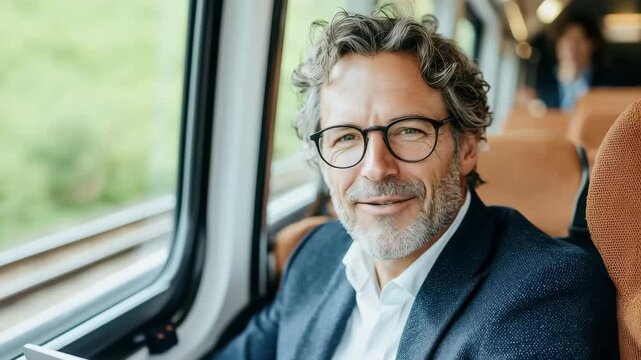 Confident Businessman Enjoying Scenic Train Journey with a Relaxed Expression and Stylish Attire