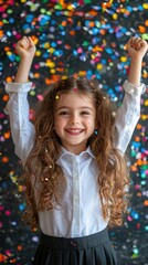 Happy child with confetti.  Excited girl with arms raised