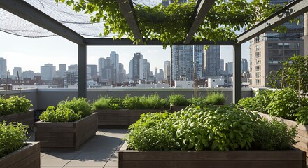 Obraz premium Urban Rooftop Garden A Tranquil Oasis Amidst the City Skyline