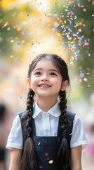 A joyful little girl, showered in colorful confetti, looks upwards with a bright smile.  Her braided hair and school uniform are highlighted by the vibrant airborne glitter