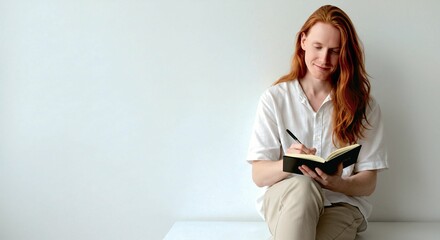 Individual writing in a notebook or journal, peaceful and clean illustration on white background.