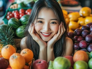 Young woman smiling amidst colorful fresh fruits