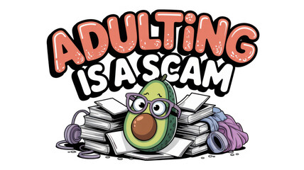 Cartoon avocado with glasses, surrounded by a pile of books and clothes, expresses the sentiment that adulting is a scam, with transparent background for easy integration into various designs