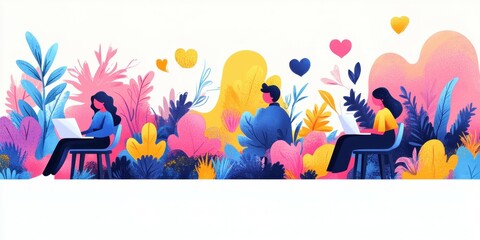 Colorful digital illustration of people working, surrounded by nature