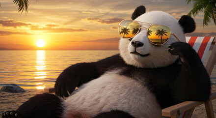 Panda Bear Relaxing on Beach Chair During Sunset
