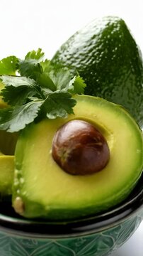 Fresh whole and halved avocados with seed displayed in a green patterned bowl on a white background with cilantro sprigs.