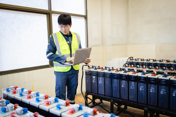 Technician inspects backup power system with multiple batteries while using laptop to ensure proper...
