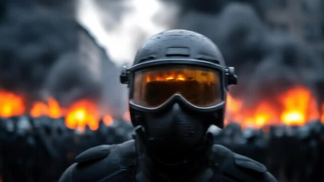 Riot police officer with helmet and goggle protection during urban protest with fire explosion and smoke. Protester, rebellion concept footage.