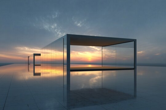 Minimalist architecture reflects the sunset, blending structure with the serene horizon in a modern, ethereal space.