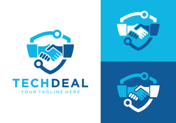deal shield logo, technology security deal logo template with handshake and security shield illustration