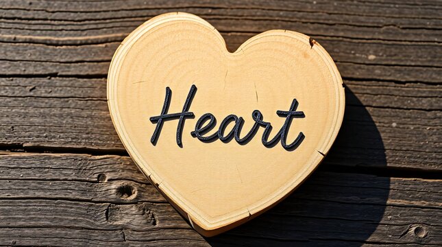 Wooden heart on rustic wooden background with the word heart.
