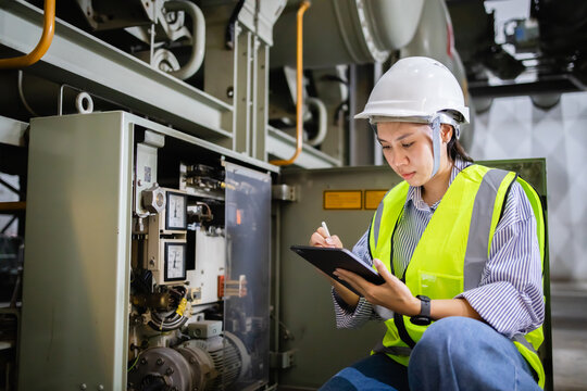 Engineer wearing safety helmet and vest inspects electric switchgear panel in gas insulated switchgear GIS field of electric grid, ensuring safety and functionality