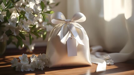 A wedding favor bag with tag and ribbons