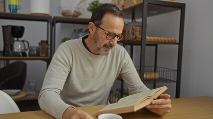 Mature man reading a book with a red mug in hand in an office setting surrounded by shelves and coffee equipment. - Powered by Adobe