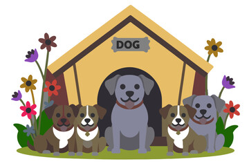 Cute Cartoon Dogs in a Doghouse Surrounded by Flowers- Playful Puppy Illustration for Kids- Dog-Themed Art for Children's Room Decor- Whimsical Dog House Graphic