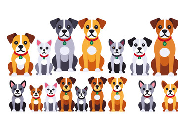 Cute Cartoon Dogs Vector Illustration - Colorful Puppy Characters with Collars - Playful Dog Breed Clipart for Kids and Pet Lovers Design Projects