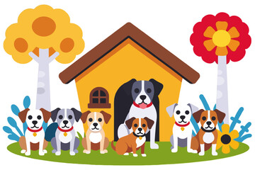 Fototapeta premium Cute Cartoon Dogs Illustration-Happy Puppies in Front of Dog House-Playful Doggy Characters with Trees and Flowers-Vector Graphic Art