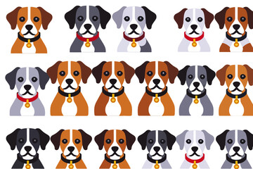 Obraz premium Cute Cartoon Dogs Seamless Pattern- Variety of Puppy Breeds with Collars and Tags- Adorable Dog Vector Art for Kids and Pet Lovers- Repeatable Tile Graphic