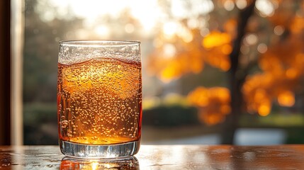 Sparkling Cider Glass with Bubbles by Window 
