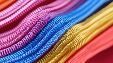 Close-up view of colorful zippers.  Textured, overlapping zipper pulls in a gradient of vibrant hues.  The focus is on the detailed ridges and curves of the zippers
