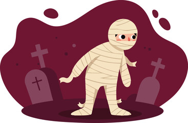 Cute mummy character walking in graveyard with tombstones Halloween horror vector illustration 