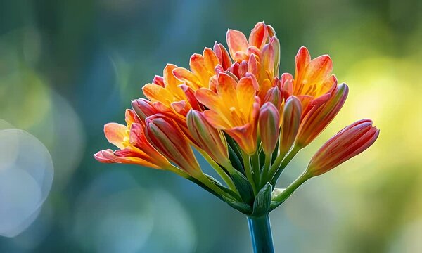 Vibrant Orange Clivia Miniata Flowers in Full Bloom with Bokeh Background Close Up