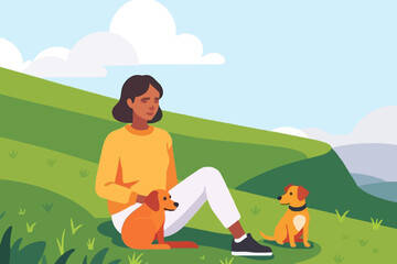 Woman Relaxing with Dogs in Nature- Enjoying the Outdoors with Pet Companions- Peaceful Scene of Friendship and Leisure- Dog Lover's Bliss