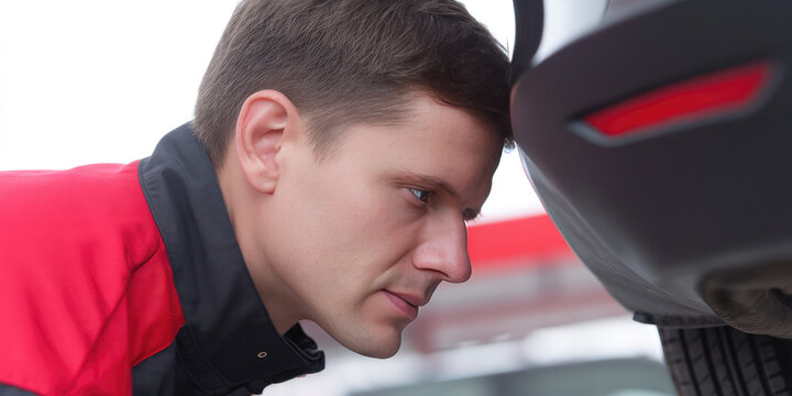 A man in a red jacket inspects the underside of a car with focus. The car's rear bumper and tire are visible