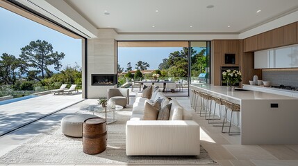 Modern living room with large windows opening to a pool and patio