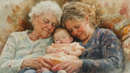Generational love,  three women and a baby,  peaceful embrace