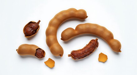 Fresh tamarind pods and pulp on a white surface for healthy eating and cooking ingredients concept