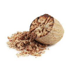 Half of nutmeg and powder isolated on white