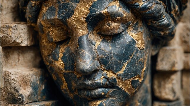 Ancient female bust, cracked, gilded