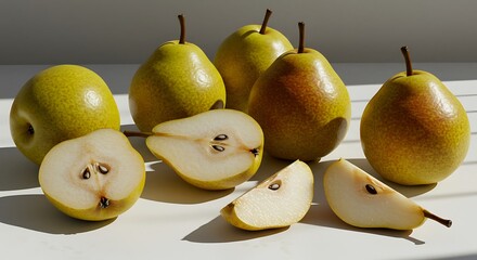 Fresh pears still life photography, ripe anjou pears, sliced pears, healthy eating, fruit closeup photo