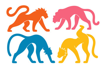 Tiger illustration, colorful minimalist style, mid-century modern, childlike shapes, whimsical character design, no outlines, solid colors, stylized proportions