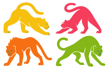 Tiger illustration, colorful minimalist style, mid-century modern, childlike shapes, whimsical character design, no outlines, solid colors, stylized proportions