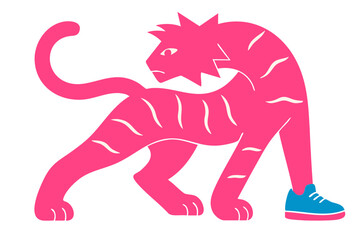 Tiger illustration, colorful minimalist style, mid-century modern, childlike shapes, whimsical character design, no outlines, solid colors, stylized proportions